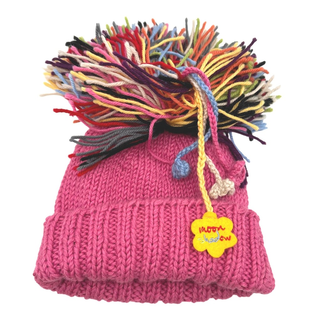 Moon Shadow Mega Pom Pom Hot Pink Rainbow Knit Beanie Multi Color Fringe Hat